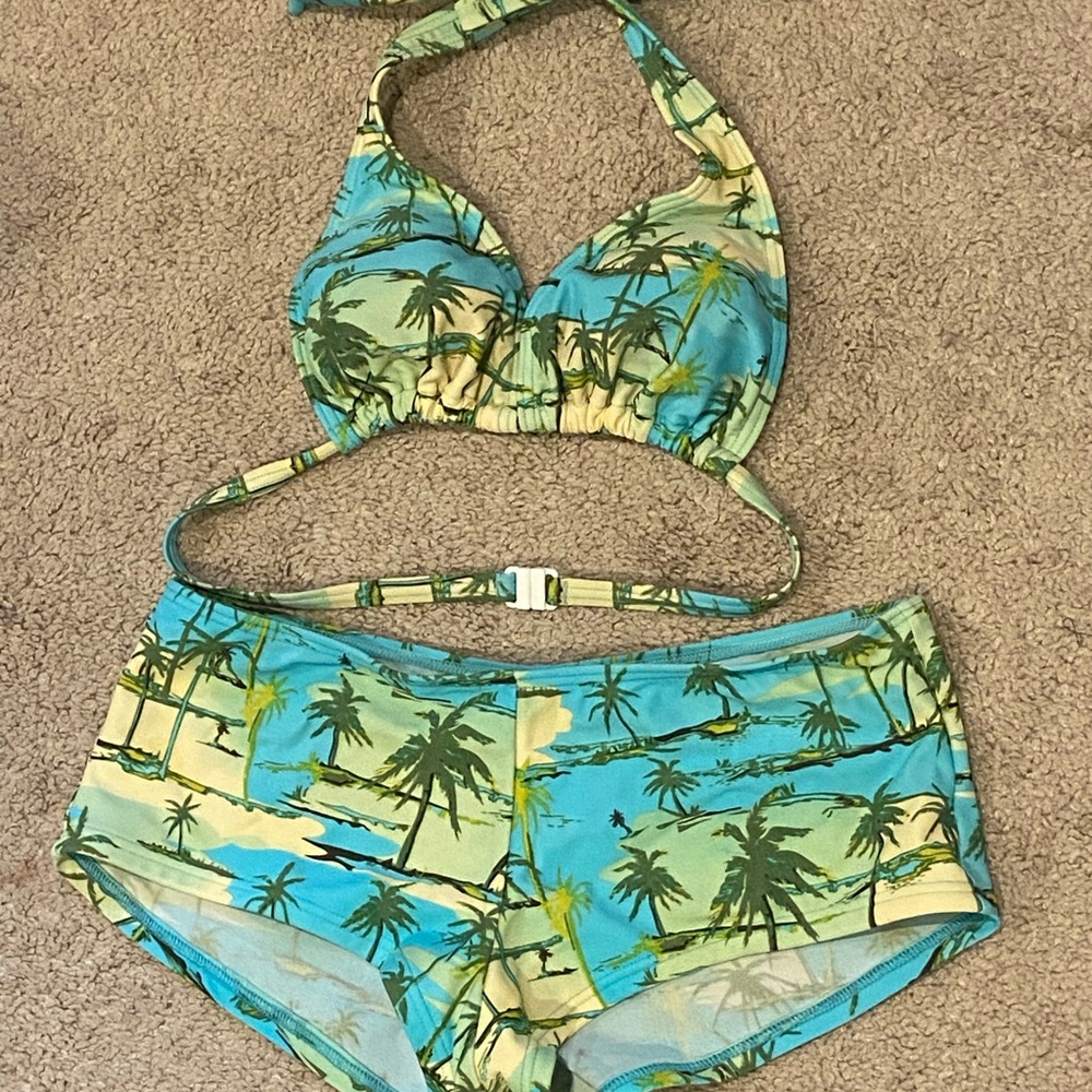 Women’s Palm Print Blue Green Halter Bikini Set